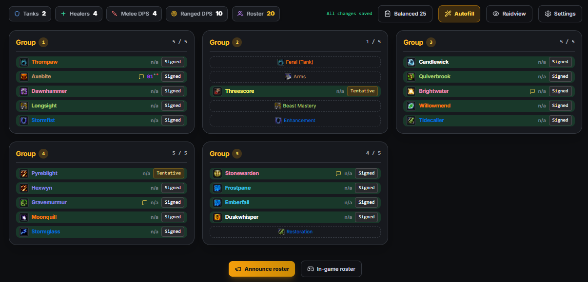 A five-group raid roster with role totals, signup status and Autofill controls.