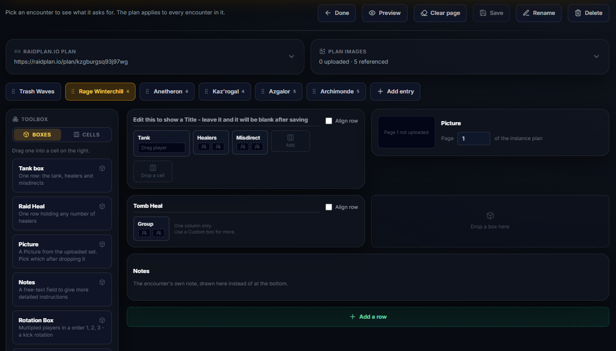 The assignment template editor arranging encounter boxes, cells, notes and plan images.